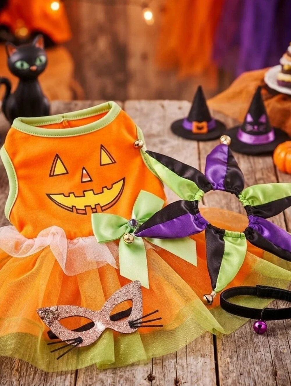 Pet Costume Orange & Green Tutu, Jack-O-Lantern, Jester Collar w/Bells Cat Dog